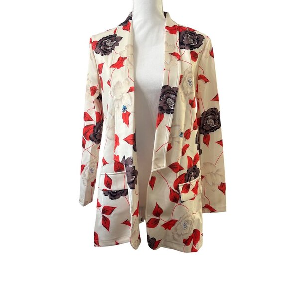 Floral Print Womens Blazer Open Front Jacket Small Lightweight Red Cream & Black - Picture 1 of 13